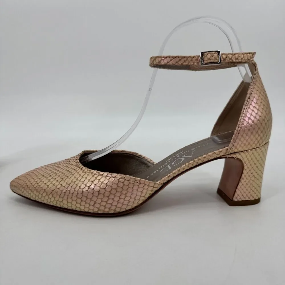 AGL D'Orsay Pink Pearlescent Snakeskin Ankle Strap Chunk Heels Size 9 US 39 EUR